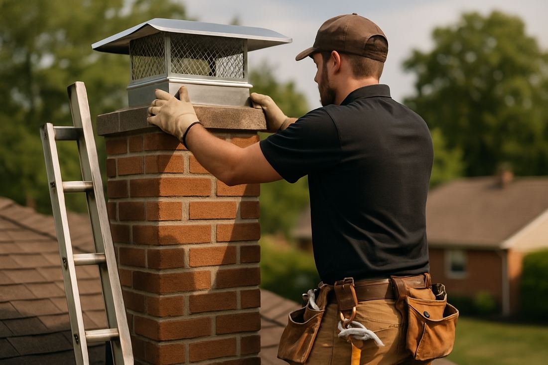 ASH Chimney technician performing cap & damper installation work on a St. Paul, MN home
