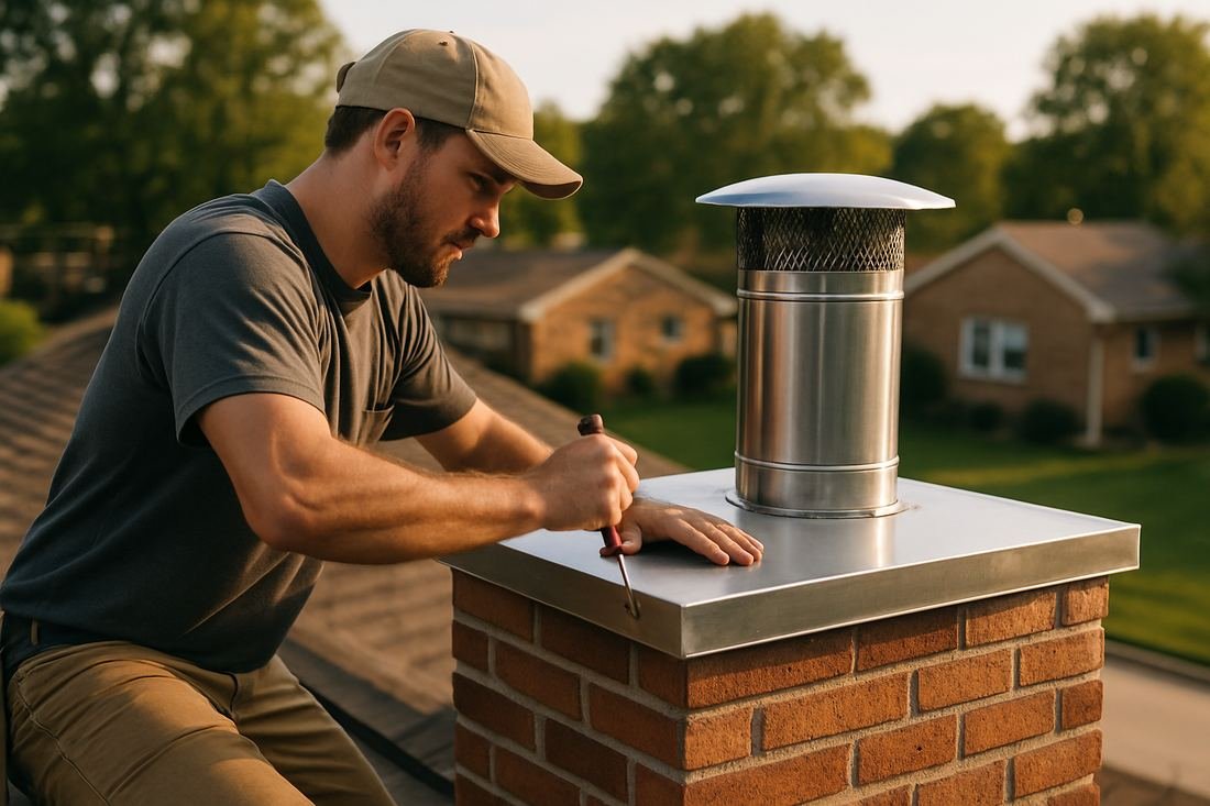 ASH Chimney technician performing cap & damper installation work on a St. Paul, MN home