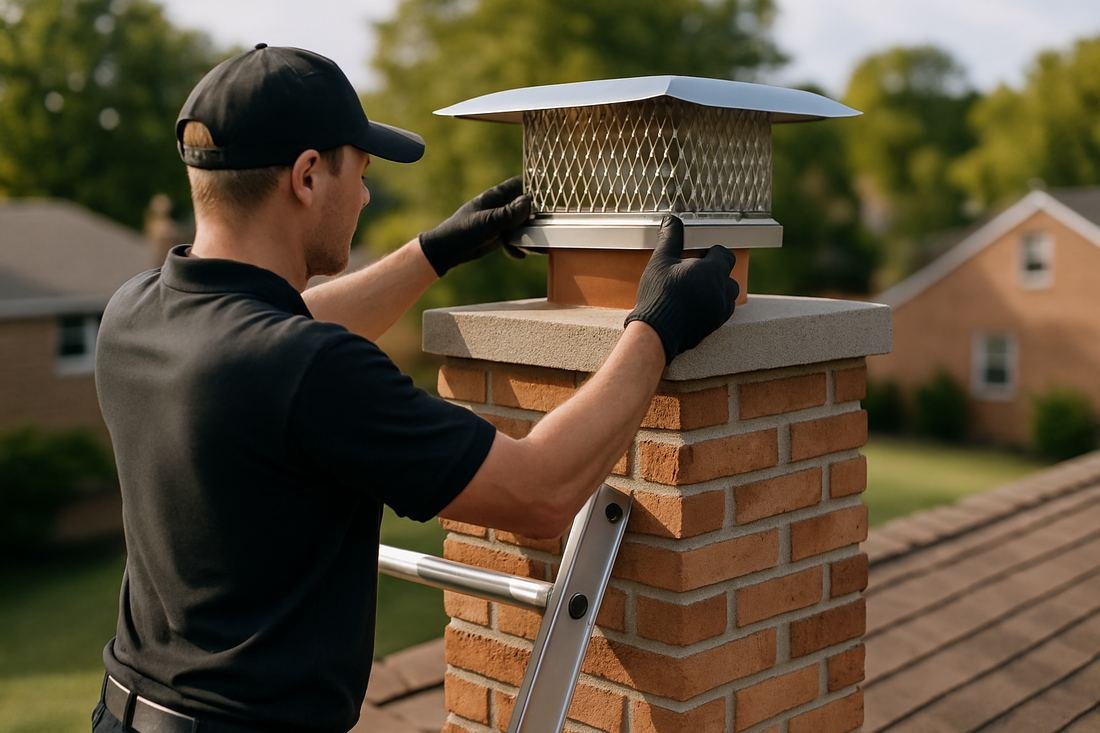 ASH Chimney technician performing cap & damper installation work on a St. Paul, MN home
