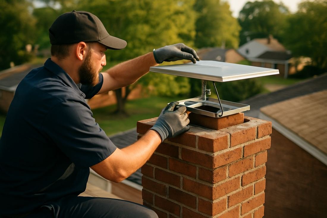 ASH Chimney technician performing cap & damper installation work on a St. Paul, MN home