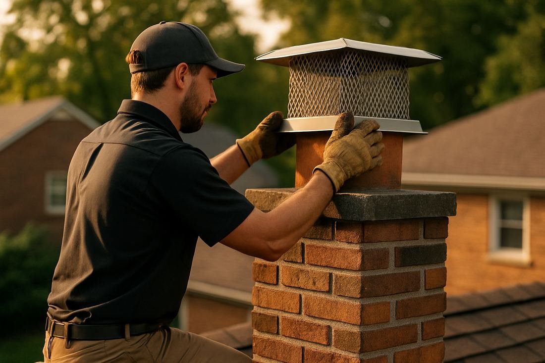 ASH Chimney technician performing cap & damper installation work on a St. Paul, MN home